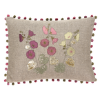 Hollyhocks Embroidered Linen Cushion in Velvet & Silk