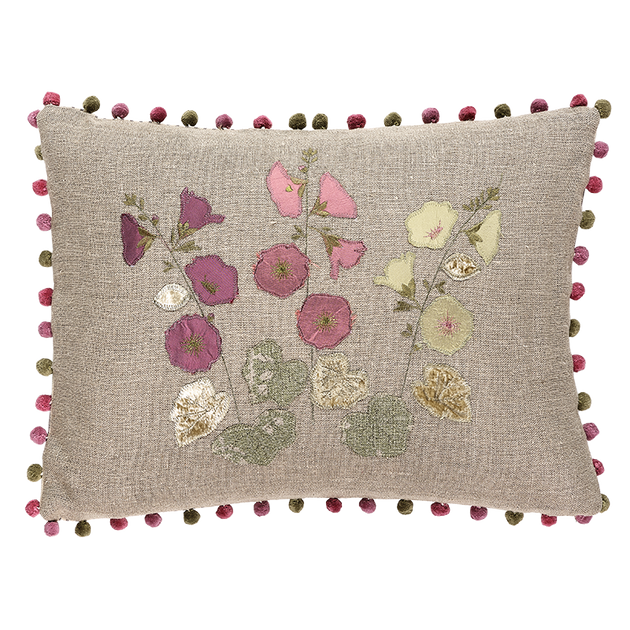 Hollyhocks Embroidered Linen Cushion in Velvet & Silk