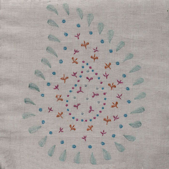 Close view of duck egg embroidered Malathi with red flowers on natural linen