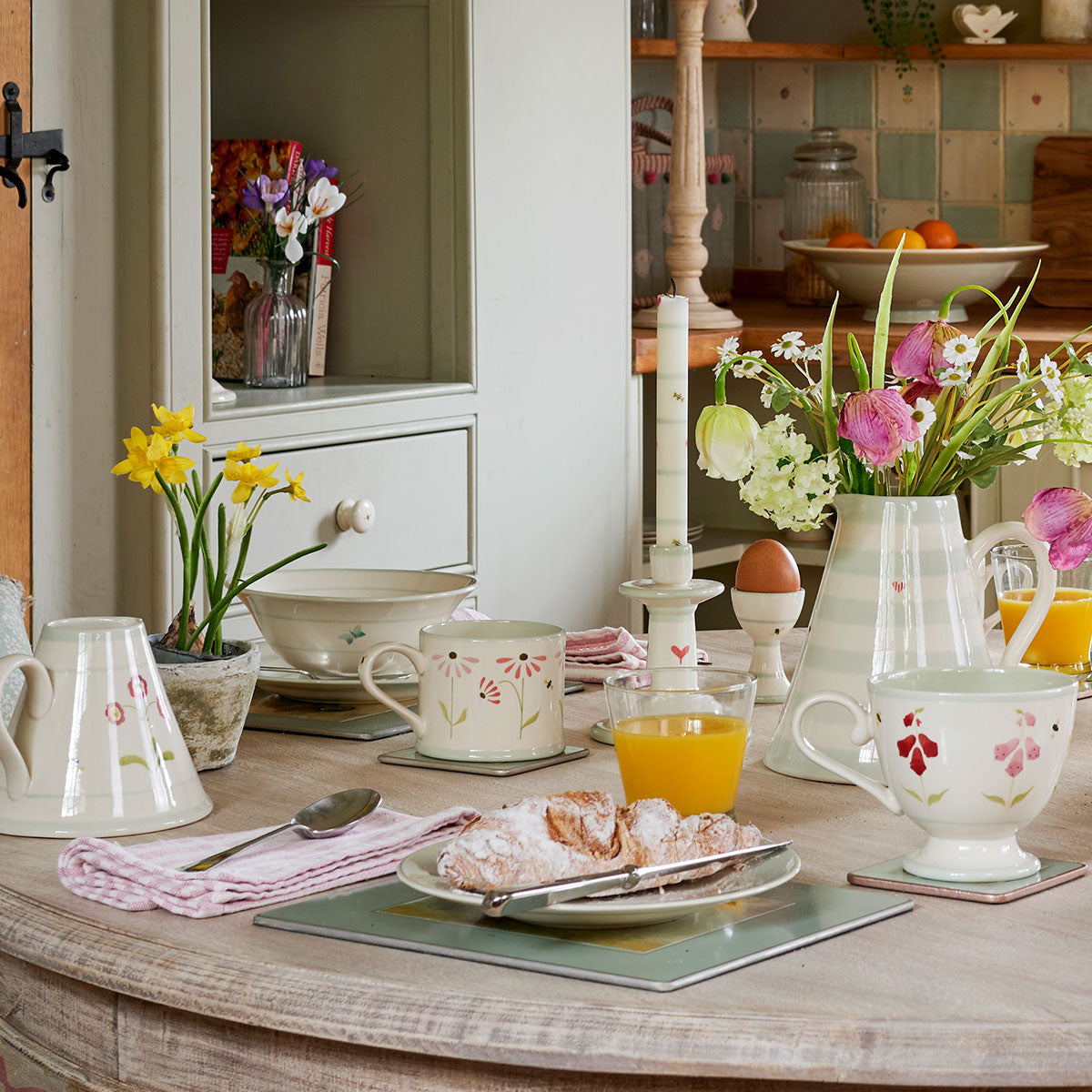 Echinacea straight mugs on a spring breakfast table with daffodils
