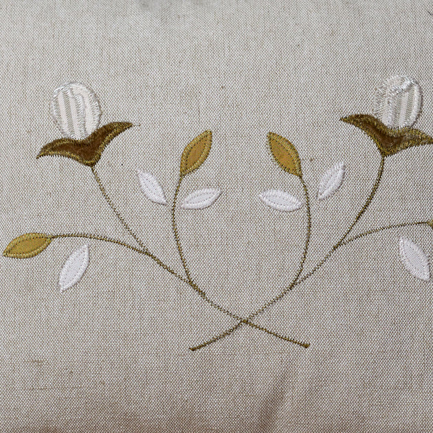 Embroidered Crossed White Rosebuds Cotton Cushion - Grey