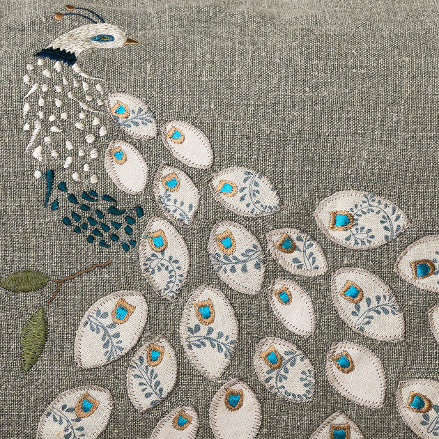 Embroidered Peacock Shalini Linen Cushion