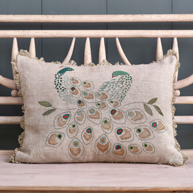 Embroidered Peacock Pair Linen Cushion