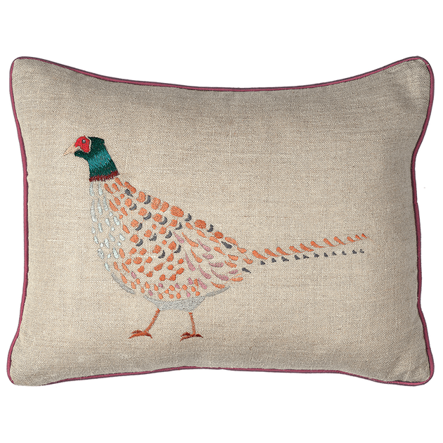 Embroidered Pheasant Linen Cushion
