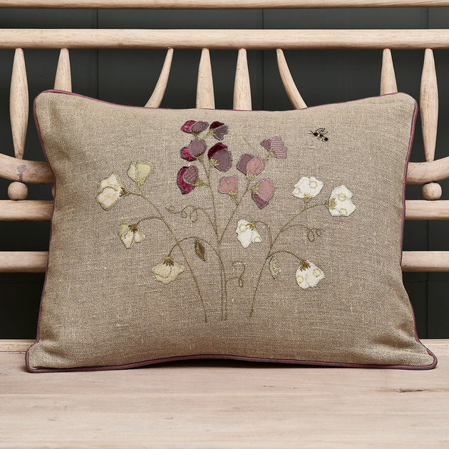 Embroidered Sweet Peas Rustic Linen Cushion