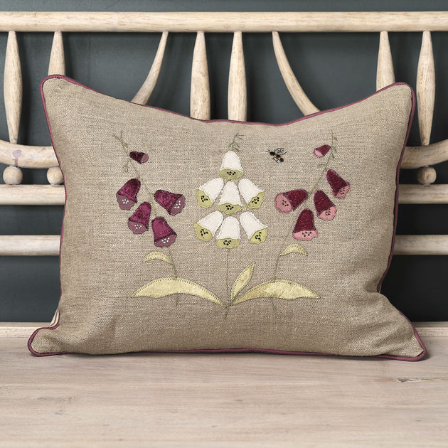 Embroidered Three Foxglove Rustic Linen Cushion