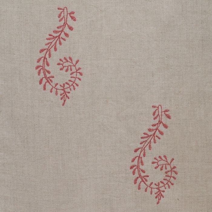 Red Shalini embroidered linen with trailing leaf sprigs, shown flat