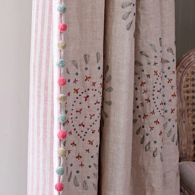 143SB - Embroidered Smokey Blue Malathi Linen - Roll Ends