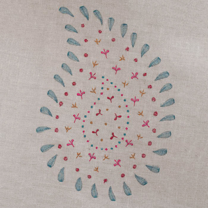 Egyptian Blue embroidered Malathi linen swatch, blue and pink motif on natural linen