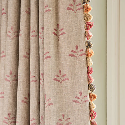 Hand-printed Indian Red Leaf Rustic Linen Stonewashed Panel (3m Approx.) - 315R