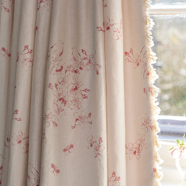 Hand-printed Raspberry Red Apple Blossom Toile Linen - 317