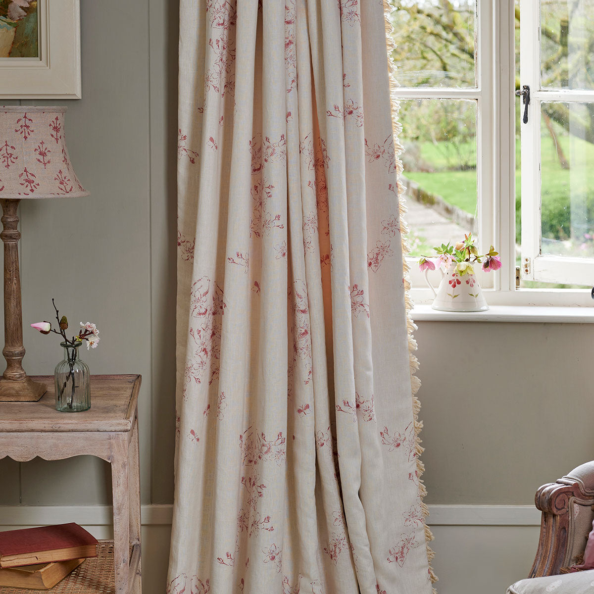 Hand-printed Raspberry Red Apple Blossom Toile Linen - 317 | Susie ...