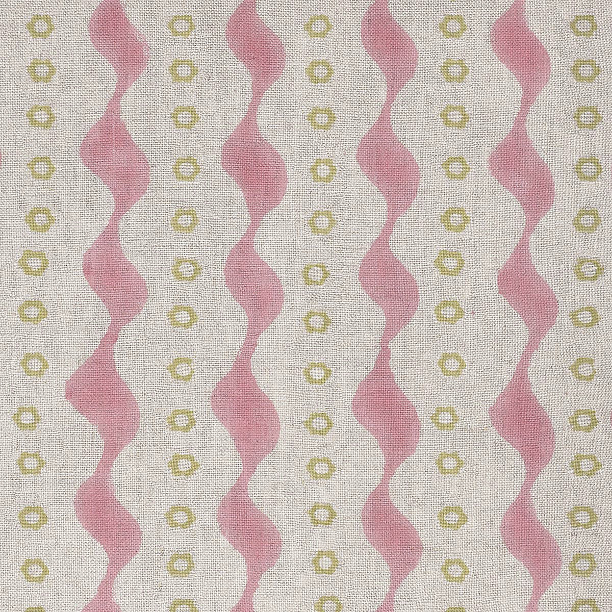 Pink and green Bloomsbury wavy stripe hand-printed on natural linen