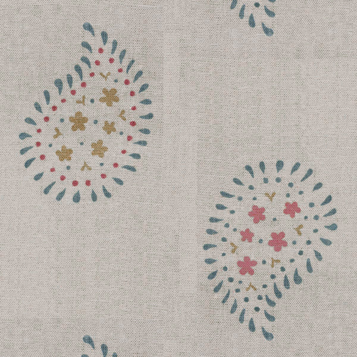 Salcombe blue Malathi print close up, blue and pink motifs on linen