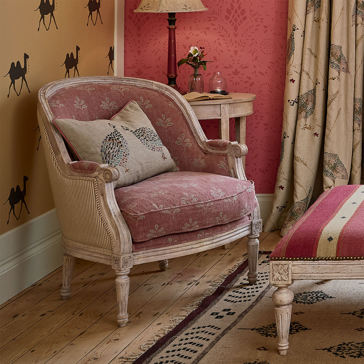 Pink room with an armchair and Red Earth reverse leaf curtains