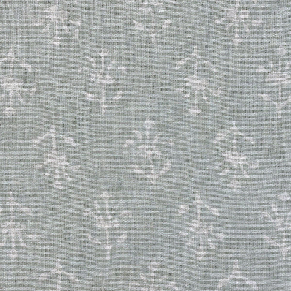 Reverse Moonflower linen, ivory sprigs printed on pale smokey blue