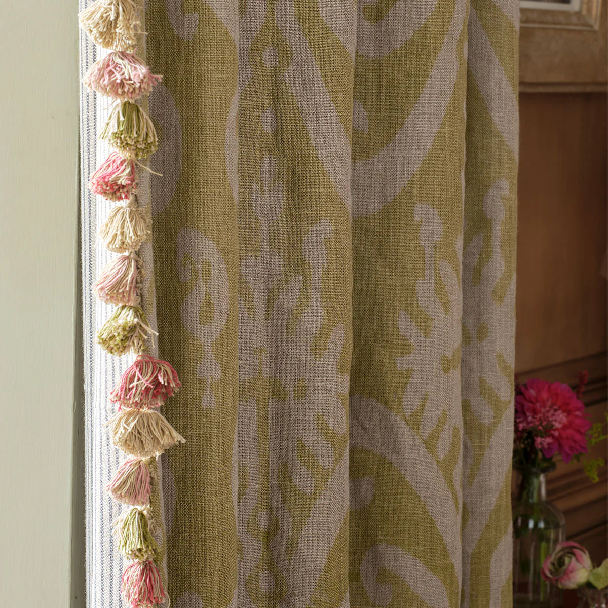 Hand-printed Green Gold Sacha Linen Stonewashed Panel - 360G/SW