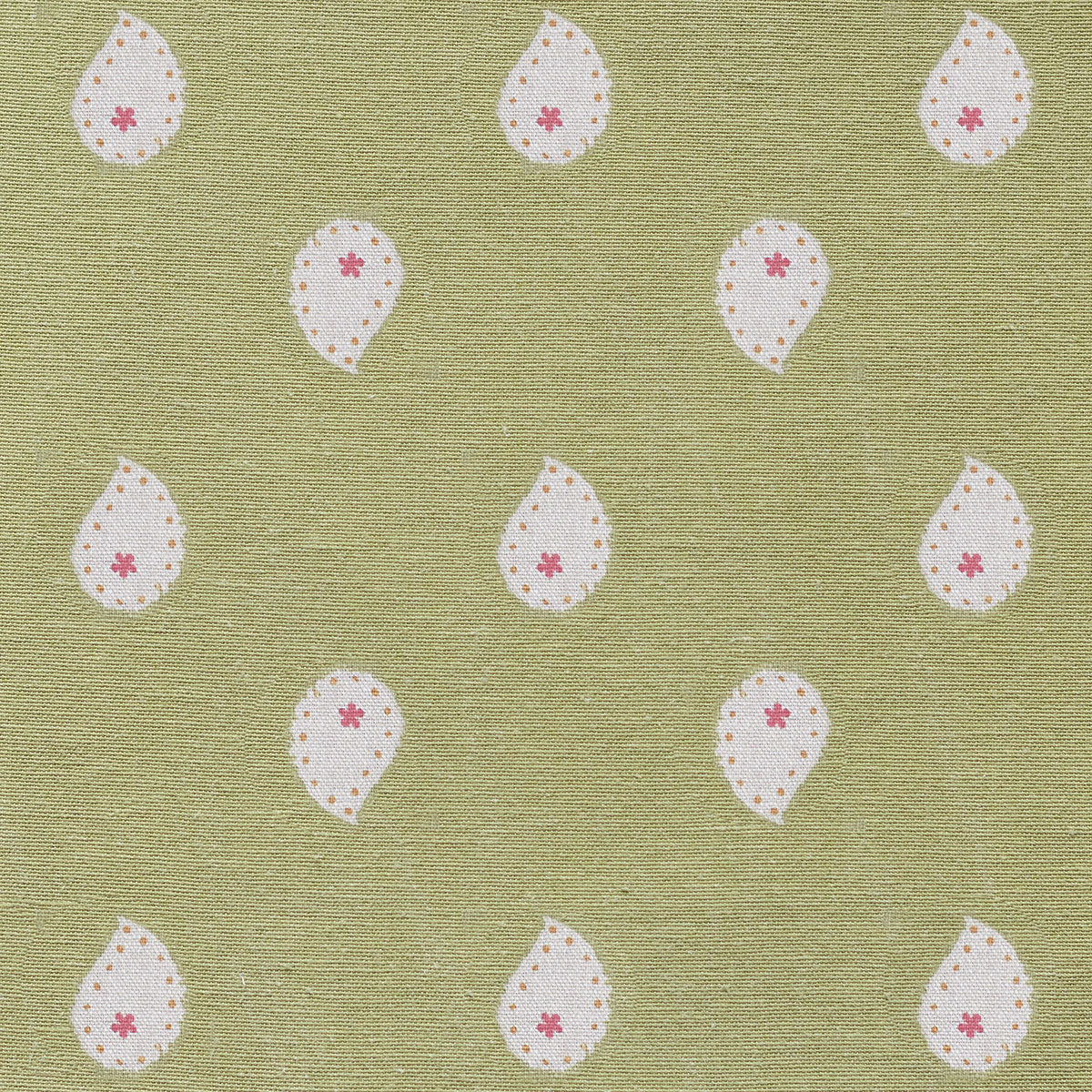 Summer Green Mika cotton with white leaf motif shown flat