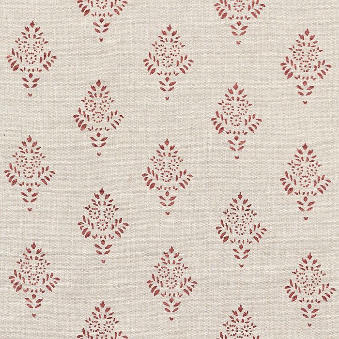 Brick red Anisha block print on natural cotton, flat fabric detail