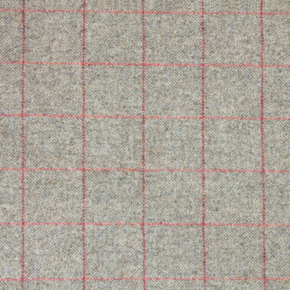 Grey herringbone wool tweed with a fine red check, flat fabric detail