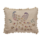 Embroidered Golden Peacocks Linen Cushion with Tassels