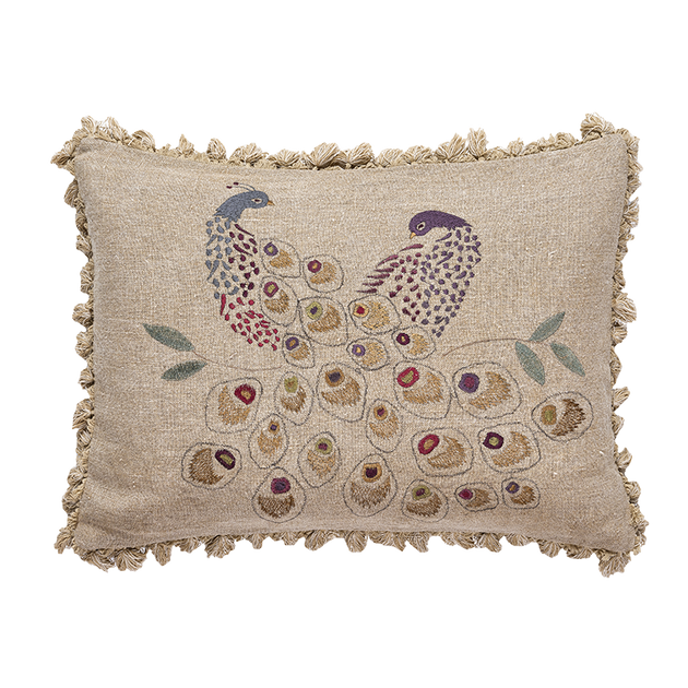 Embroidered Golden Peacocks Linen Cushion with Tassels