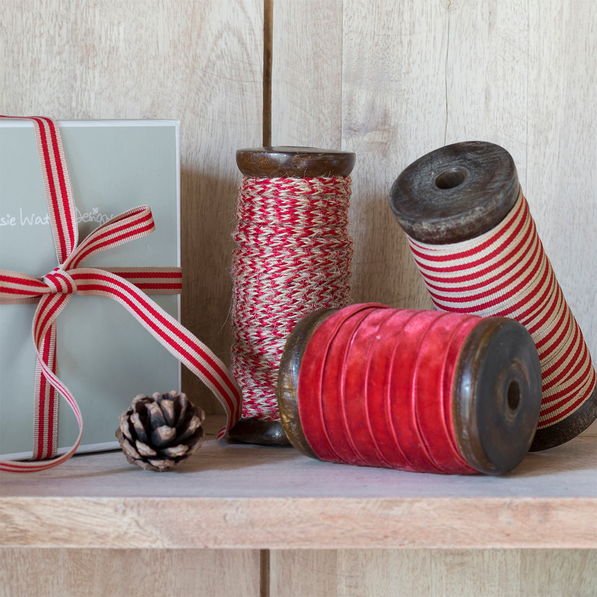Red/Beech Stripe Cotton Ribbon - 25m Reel | Susie Watson Designs
