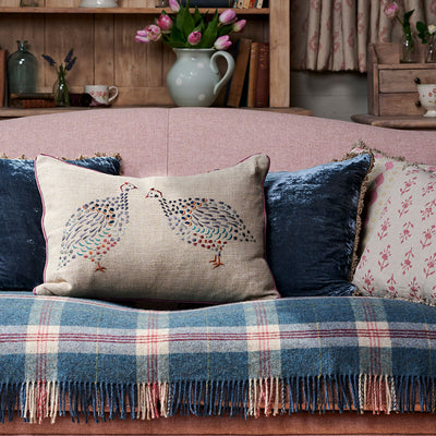 Guinea Fowl Pair Embroidered Linen Cushion