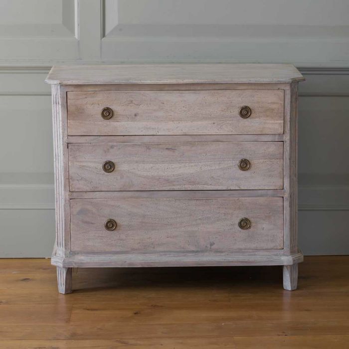 Whitewashed Classic chest of drawers photographed plainly against a panelled wall