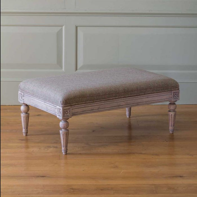 Carved Footstool - Grey Red Check Wool