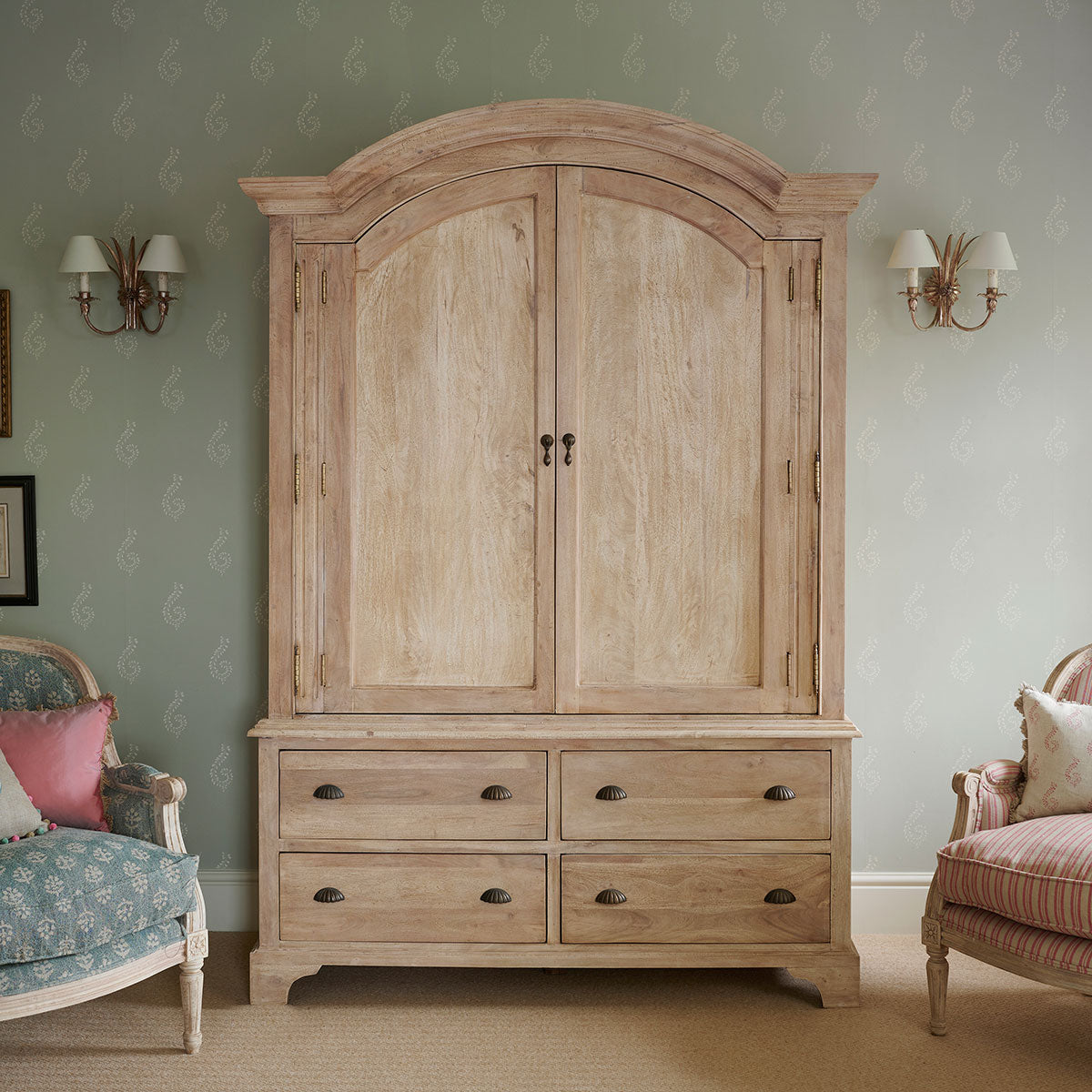 Large Gustavian armoire in weathered wood with panelled doors