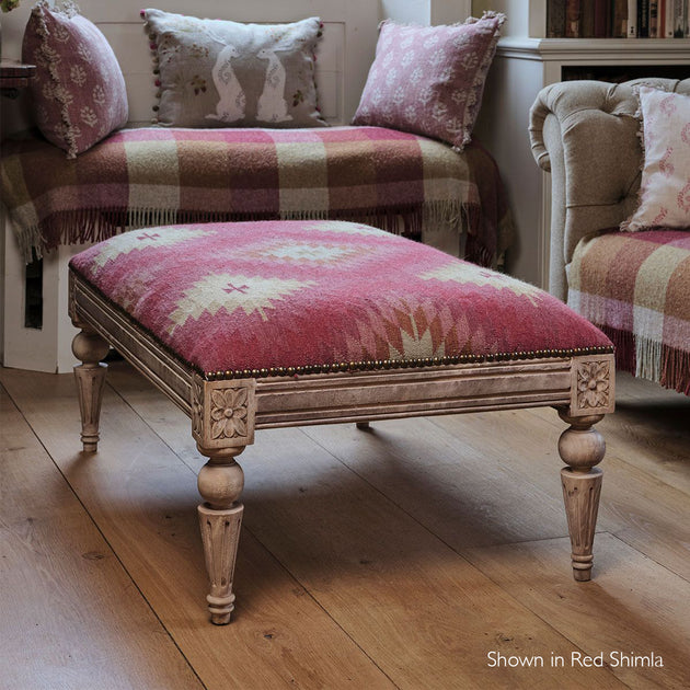 Carved Rectangular Kilim Footstool - Red Shimla