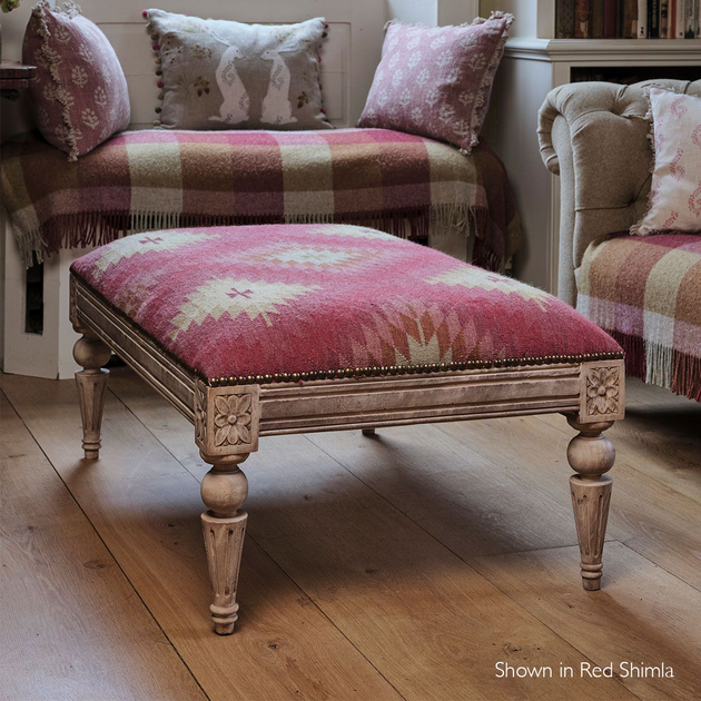 Carved Rectangular Wool Kilim Footstool