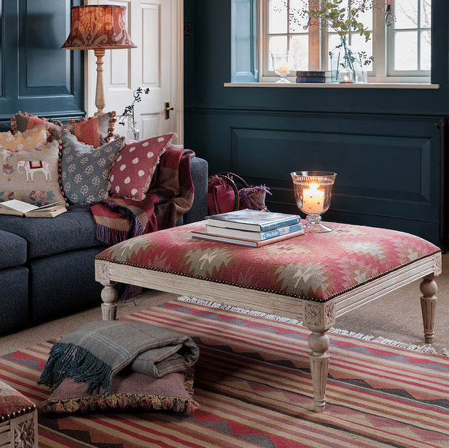 Carved Rectangular Wool Kilim Footstool