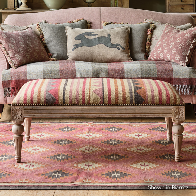 Carved Rectangular Wool Kilim Footstool