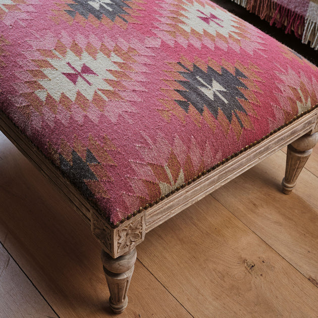 Carved Rectangular Wool Kilim Footstool