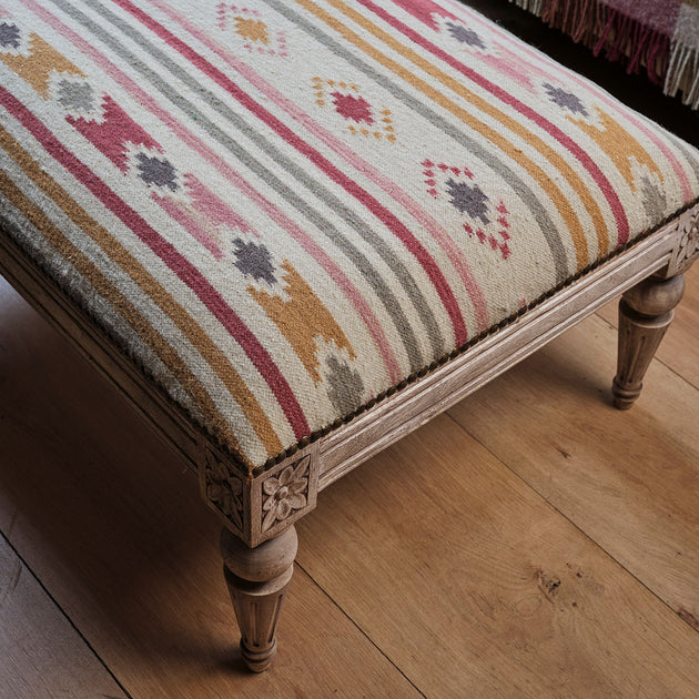 Carved Rectangular Kilim Footstool - Saffron Smokey Blue Stripe