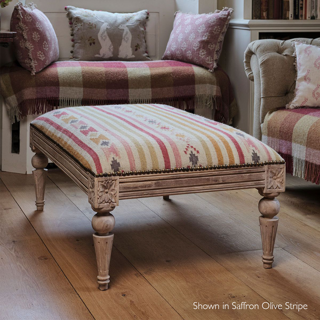 Carved Rectangular Kilim Footstool - Saffron Olive Stripe