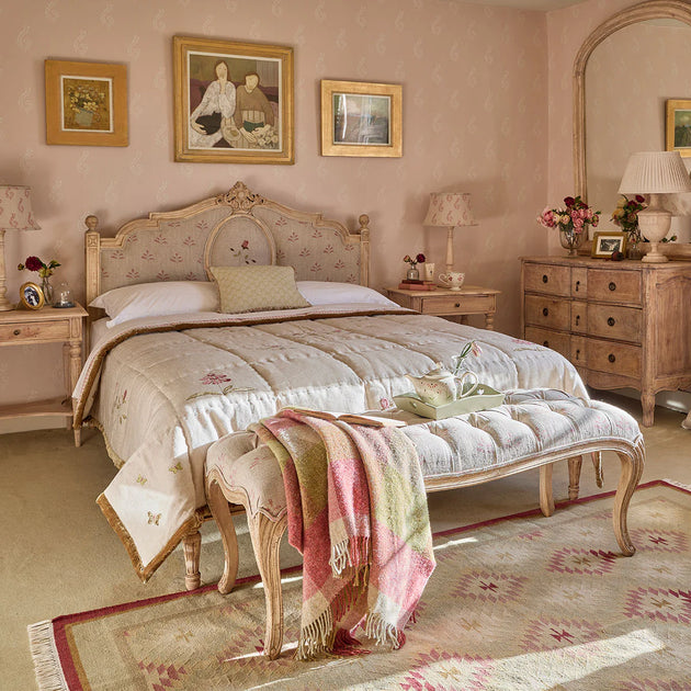 Ex-Display Upholstered Gustavian Kingsize Bed in Red Leaf & Rosebud