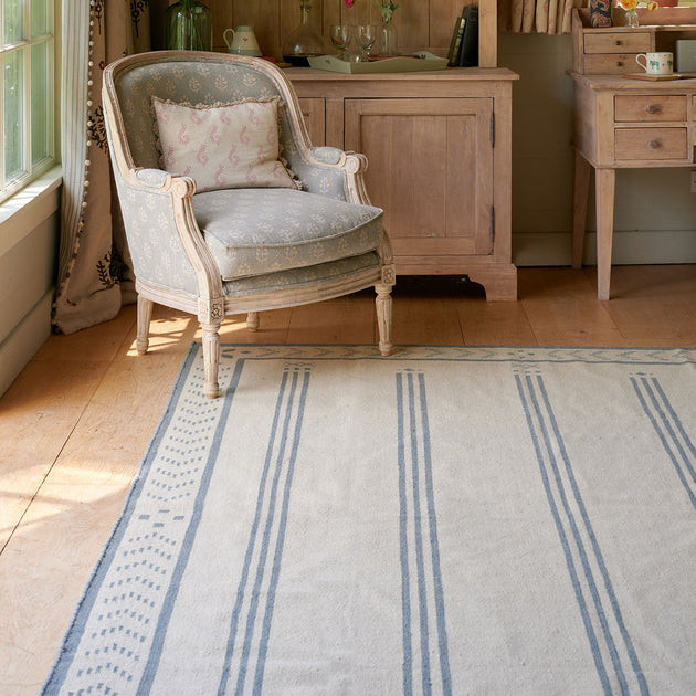 Gustavian Stripe Blue - Kilim Handwoven Wool Rug - Large