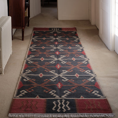 Wool Kilim Runner - Blue, Rust, Ivory Serrif