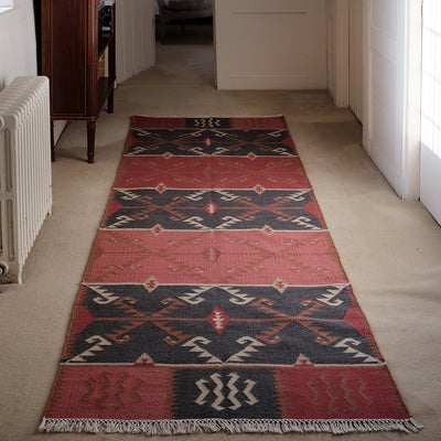 Wool Kilim Runner - Blue, Rose Red Serrif