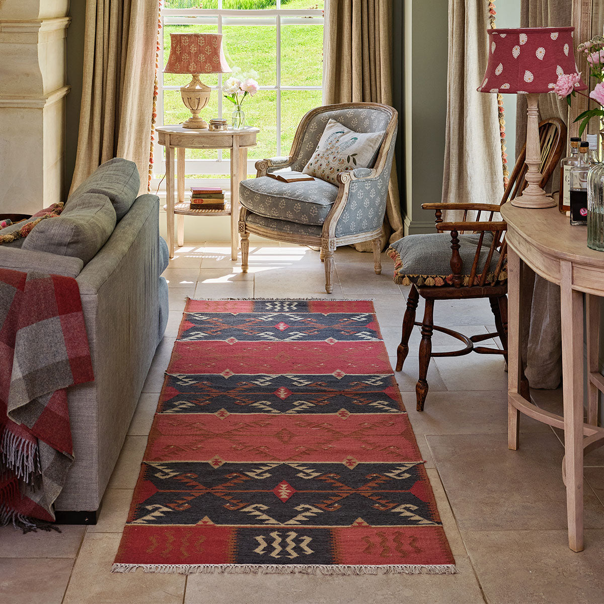 Blue, Rose Red Serrif - Wool Kilim Runner