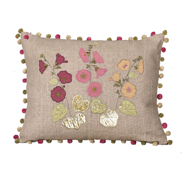 Hollyhocks Embroidered Linen Cushion