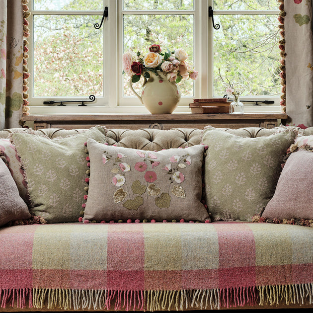 Hollyhocks Embroidered Linen Cushion in Bloomsbury & Silk