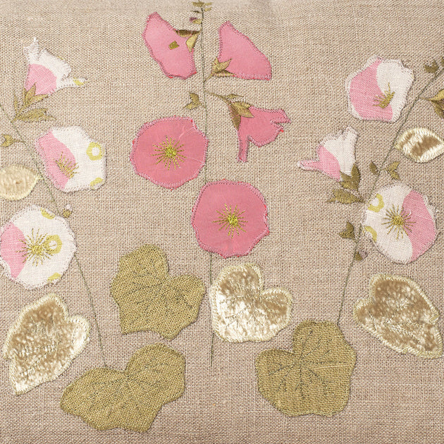 Hollyhocks Embroidered Linen Cushion in Bloomsbury & Silk