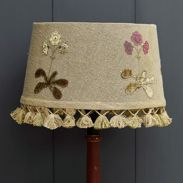 Embroidered Saffron Linen Auriculas 14" Lampshade with tassels