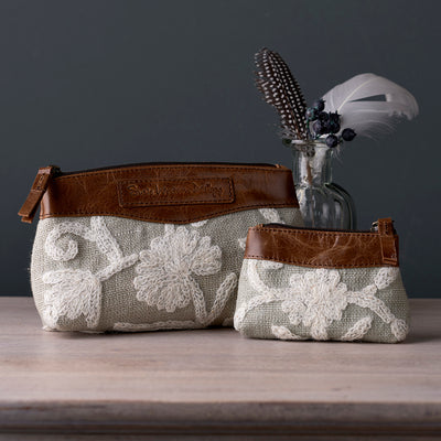 Celadon Crewelwork Linen Makeup Bag