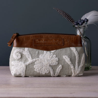 Celadon Crewelwork Linen Makeup Bag