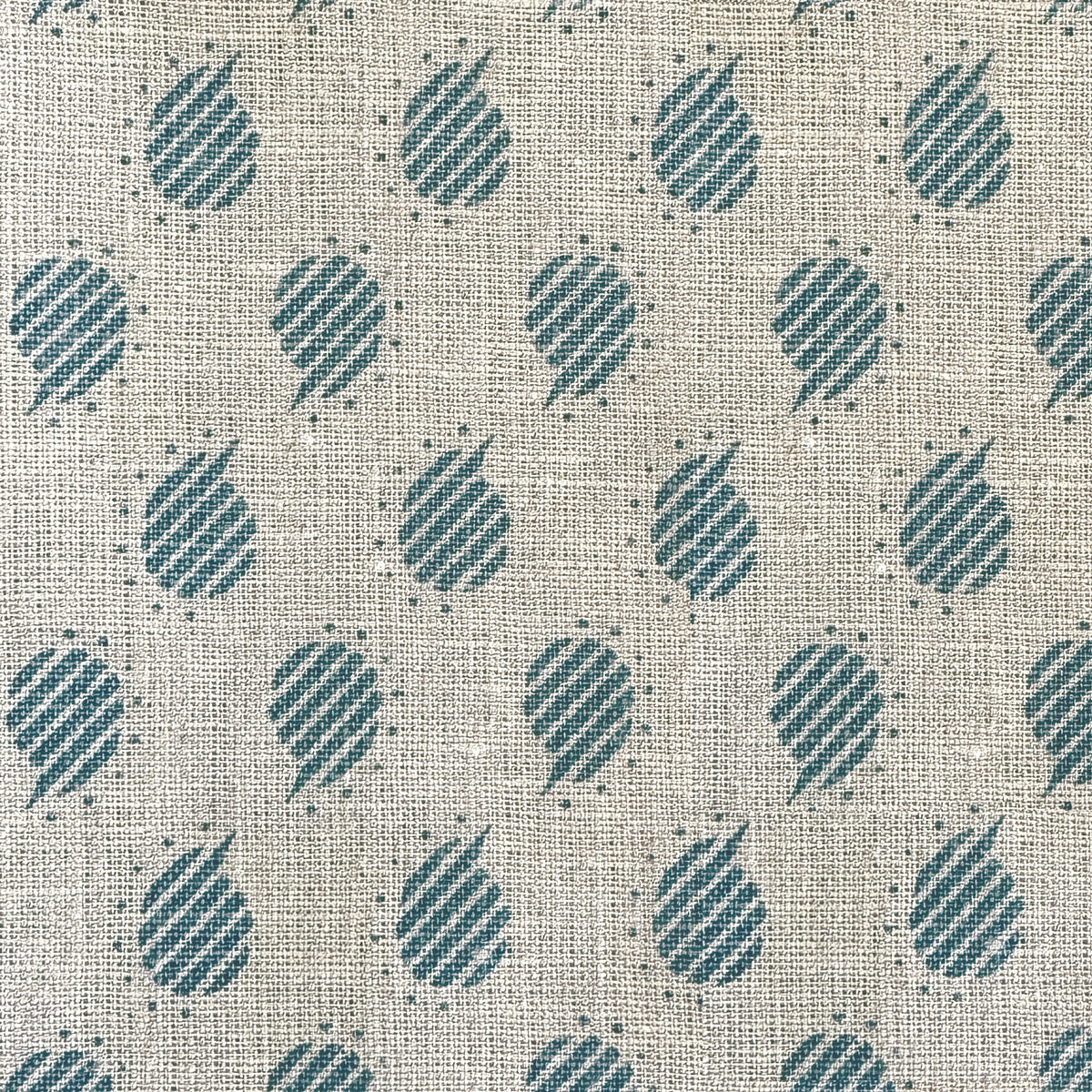 Hand-printed Summer Blue Nina linen swatch with teardrop motifs on natural